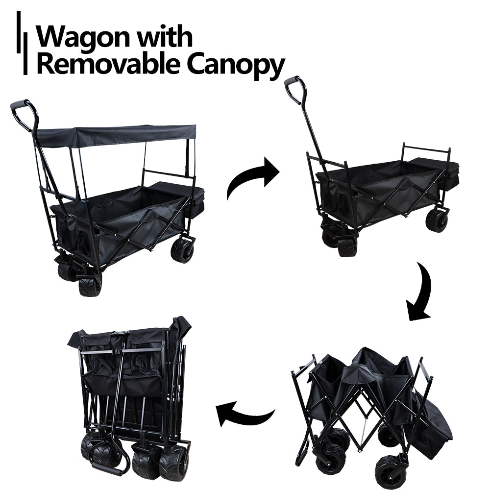 SESSLIFE Folding Beach Wagon for Sand, Collapsible Wagon Cart with Removable Canopy, Big Wheels, DT41