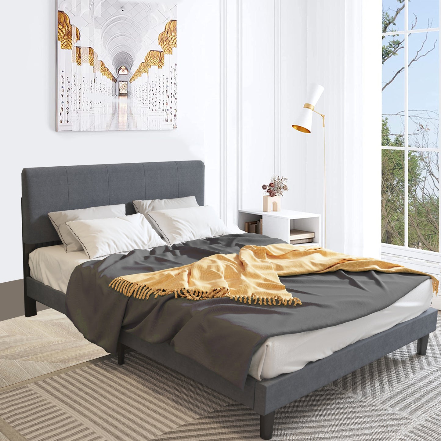 Sesslife Black Platform Bed Frame, Queen Bed Frame with Velvet Upholstered Headboard, Queen Floor Bed Frame, Mattress Foundation, No Box Spring Needed, Easy Assembly
