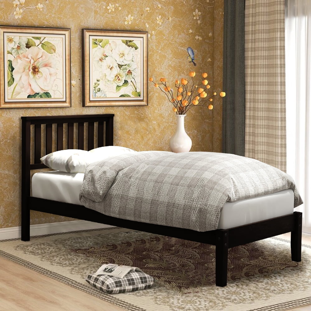 Twin Size Bed Frame, SESSLIFE Wood Bed Frame with Headboard, Platform Bed Frame No Box Spring Needed, Twin Platform Bed for Kid Adult Bedroom Apartment Dorm, Modern Furniture, Espresso, X386