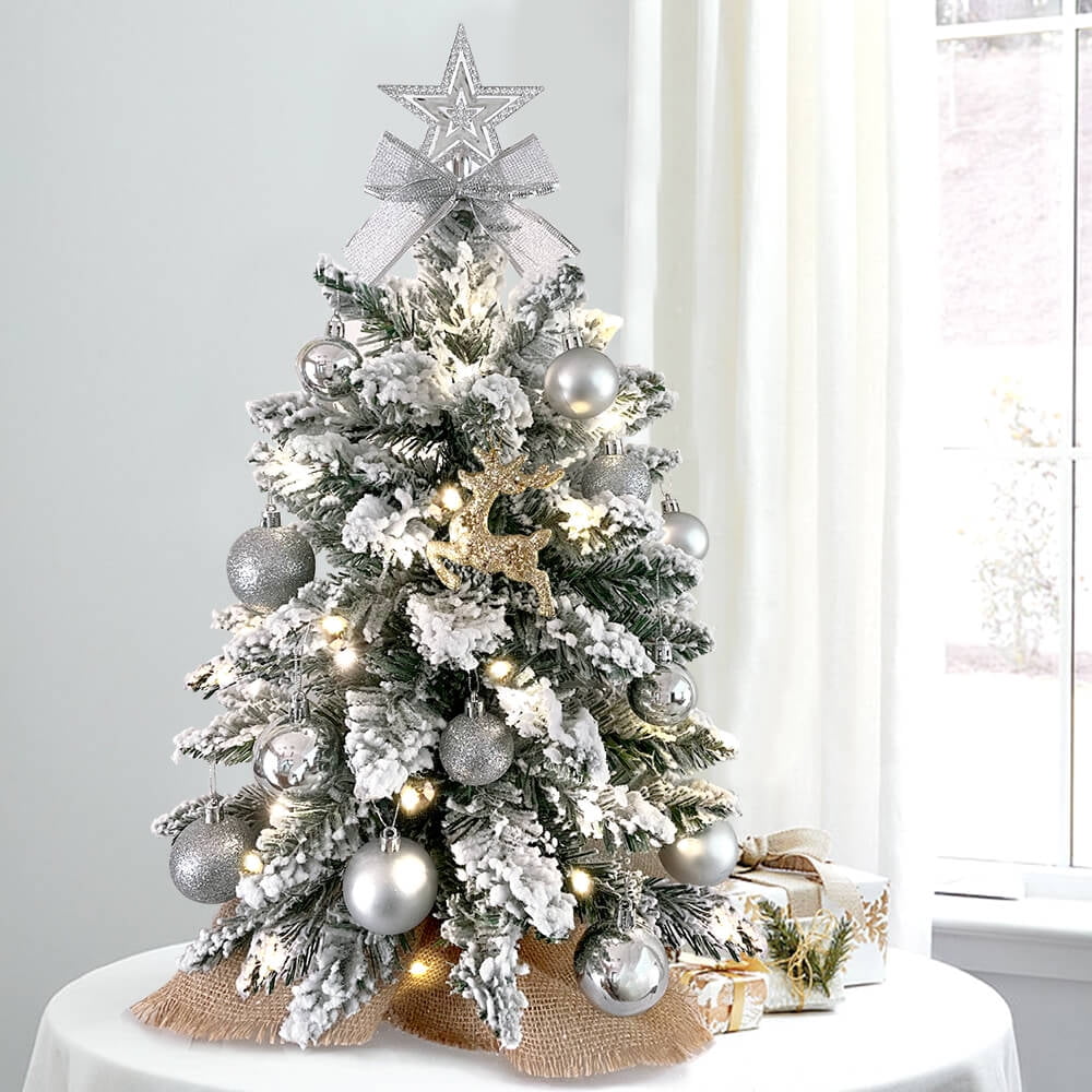 SESSLIFE Christmas Tree with LED Lights, 20 Inches Tabletop Mini Christmas Trees Indoor, Flocked Christmas Tree for Holidy Christmas Decorations, Silver Small Lighted Tabletop Christmas Tree, X1241