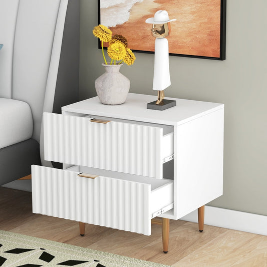 Sesslife Nightstand with 2 Drawers, Storage Bedside Table with Golden Handle and Metal Legs, Modern and Retro Style Bedroom Furniture, Living Room End Side Table, White