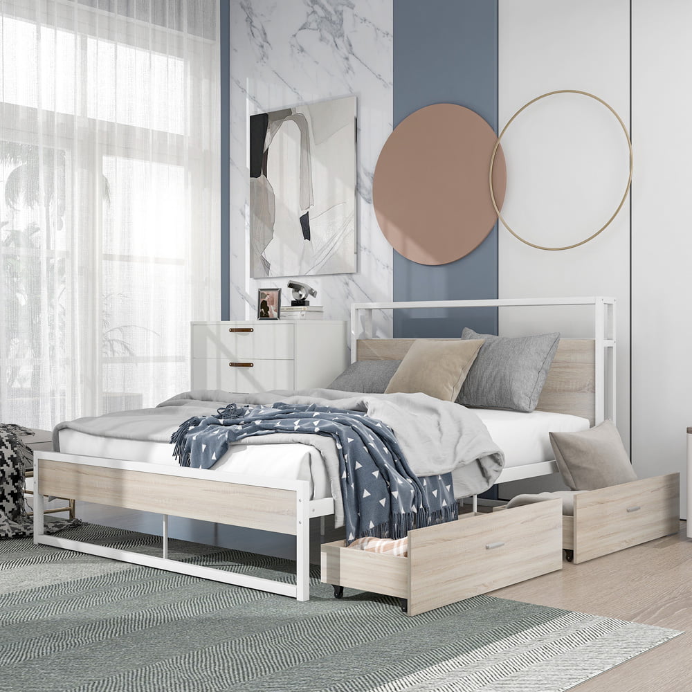 Sesslife Platform Bed Full Size, Metal Bed Frame with 2 Drawers for Bedroom, Modern Industrial White Bed Frame with Sockets and USB Ports, Storage Full Bed No Box Spring Needed, 440 LBS