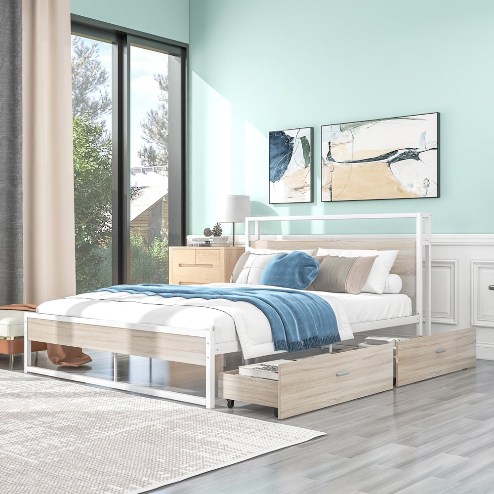 Sesslife Platform Bed Queen Size, Metal Bed Frame with 2 Drawers for Bedroom, Modern Industrial White Bed Frame with Sockets and USB Ports, Storage Queen Bed No Box Spring Needed, 770 LBS