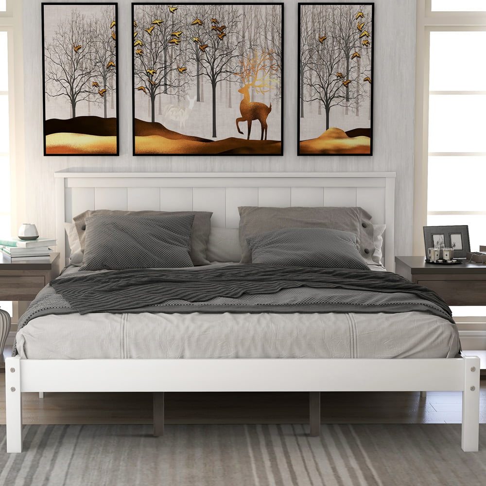 SESSLIFE Queen Platform Bed Frames, Wood Bed Frame with Headboard and Slats Support, Queen Bed Frames for Adults Teens Kids Bedroom, No Box Spring Needed, White, X2403