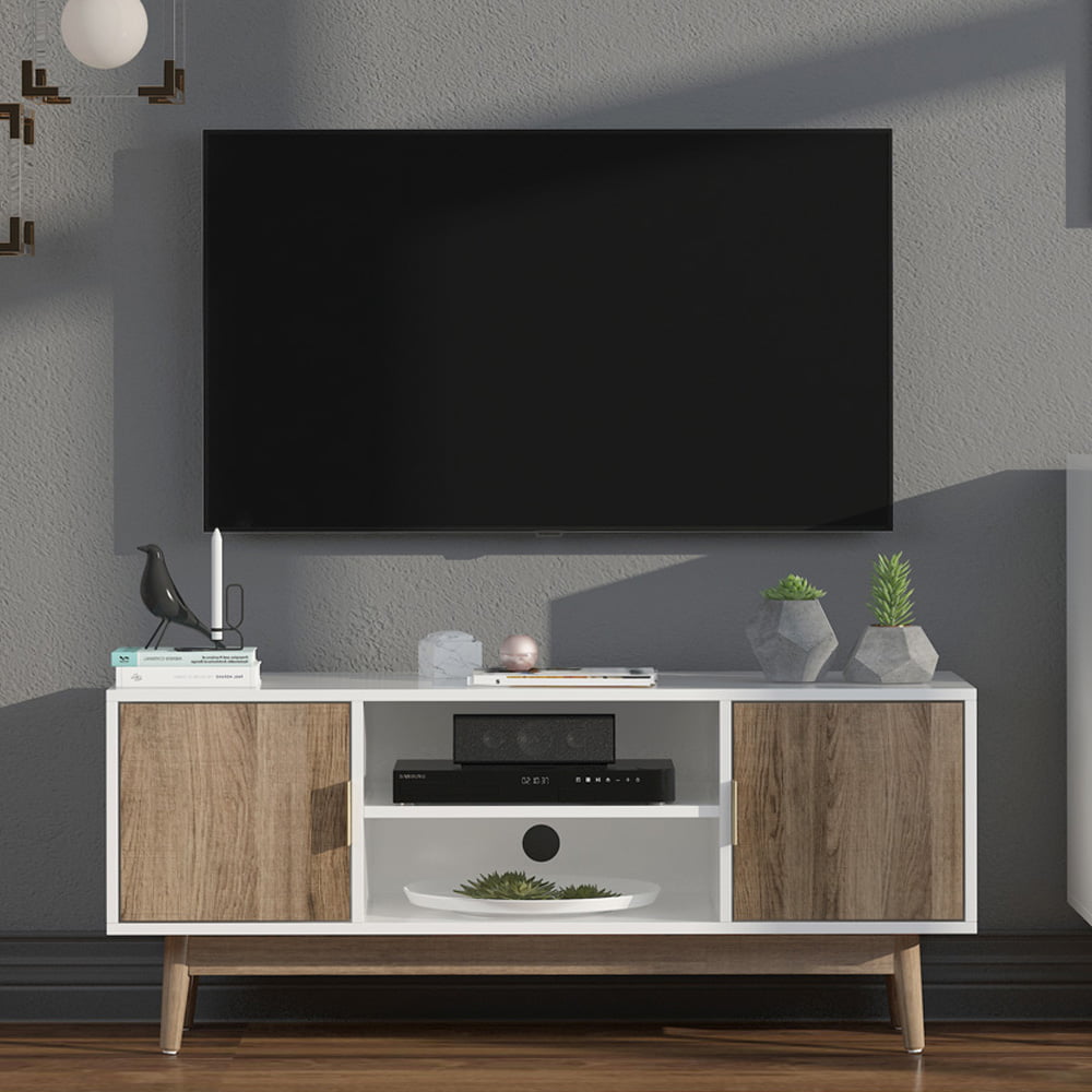 SESSLIFE Modern TV Stands Console for TVs Up to 65", Wood Console Cabinet TV Stand with 2 Hidden Storage Cabinets and 2 Open Shelves, Natural, X2778