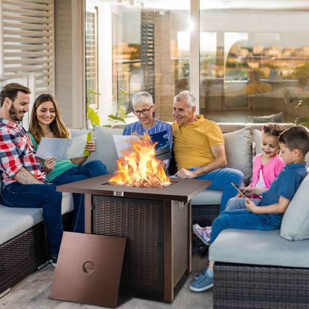 SESSLIFE Outdoor Gas Fire Pit, 28" Propane Fire Pit for Patio Backyard, Square Fire Pit Table with Steel Frame, 40,000 BTU Heat Firepit with Lid, Poker, Lava Rocks, Bronze, X553