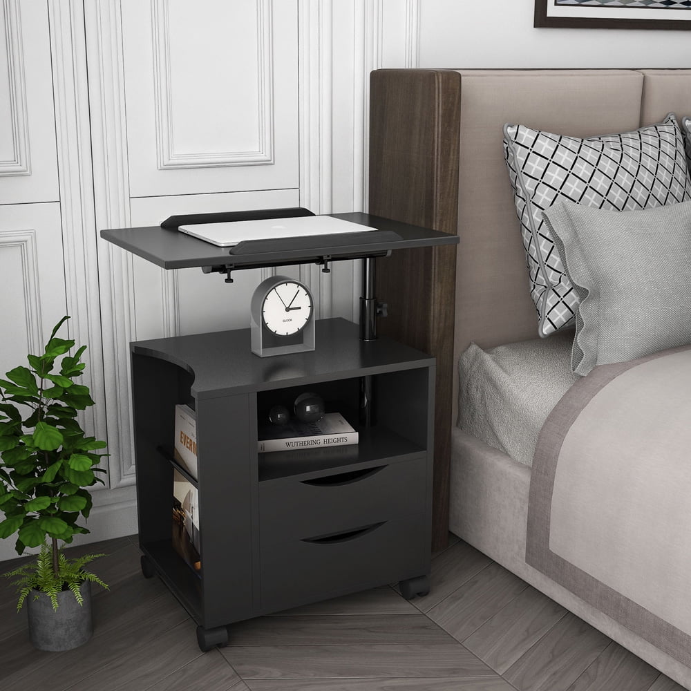 SESSLIFE Nightstand with Wheel and Lift, Black Bedside Table with Height Adjustable & Swivel Tilt Top, Wooden End Table with 2 Drawer & Shelf, Side Table for Bedroom Living Room Office, X2427
