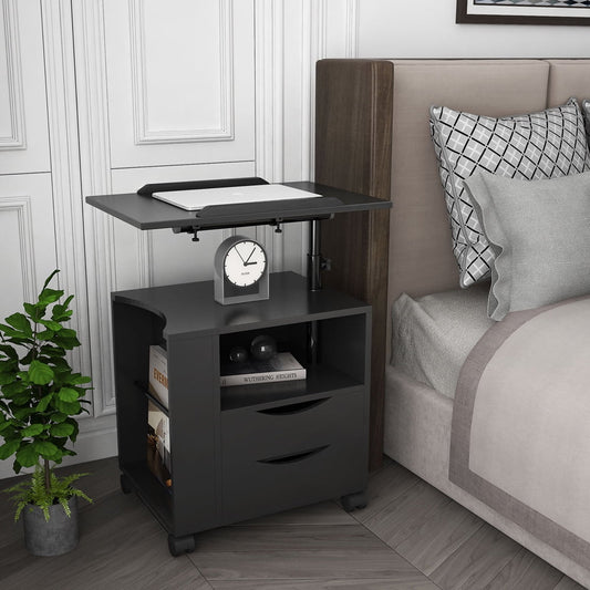 SESSLIFE Nightstand with Wheel and Lift, Black Bedside Table with Height Adjustable & Swivel Tilt Top, Wooden End Table with 2 Drawer & Shelf, Side Table for Bedroom Living Room Office, X2427