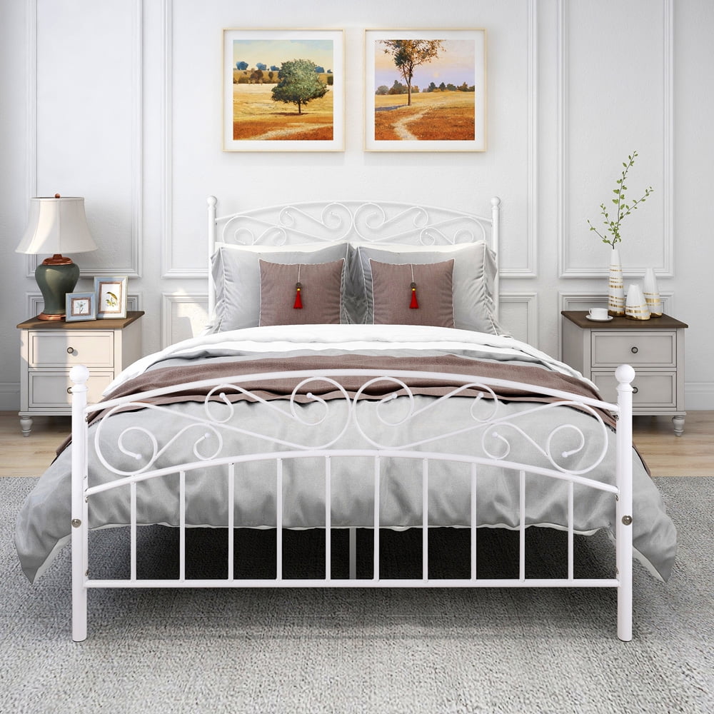 Sesslife Queen Bed Frame with Headboard, Metal Queen Platform Bed Frame with Mattress Foundation, No Box Spring Needed, Victorian Style Bed Frame for Adults Bedroom/Kids Room/Teen Dorm, White