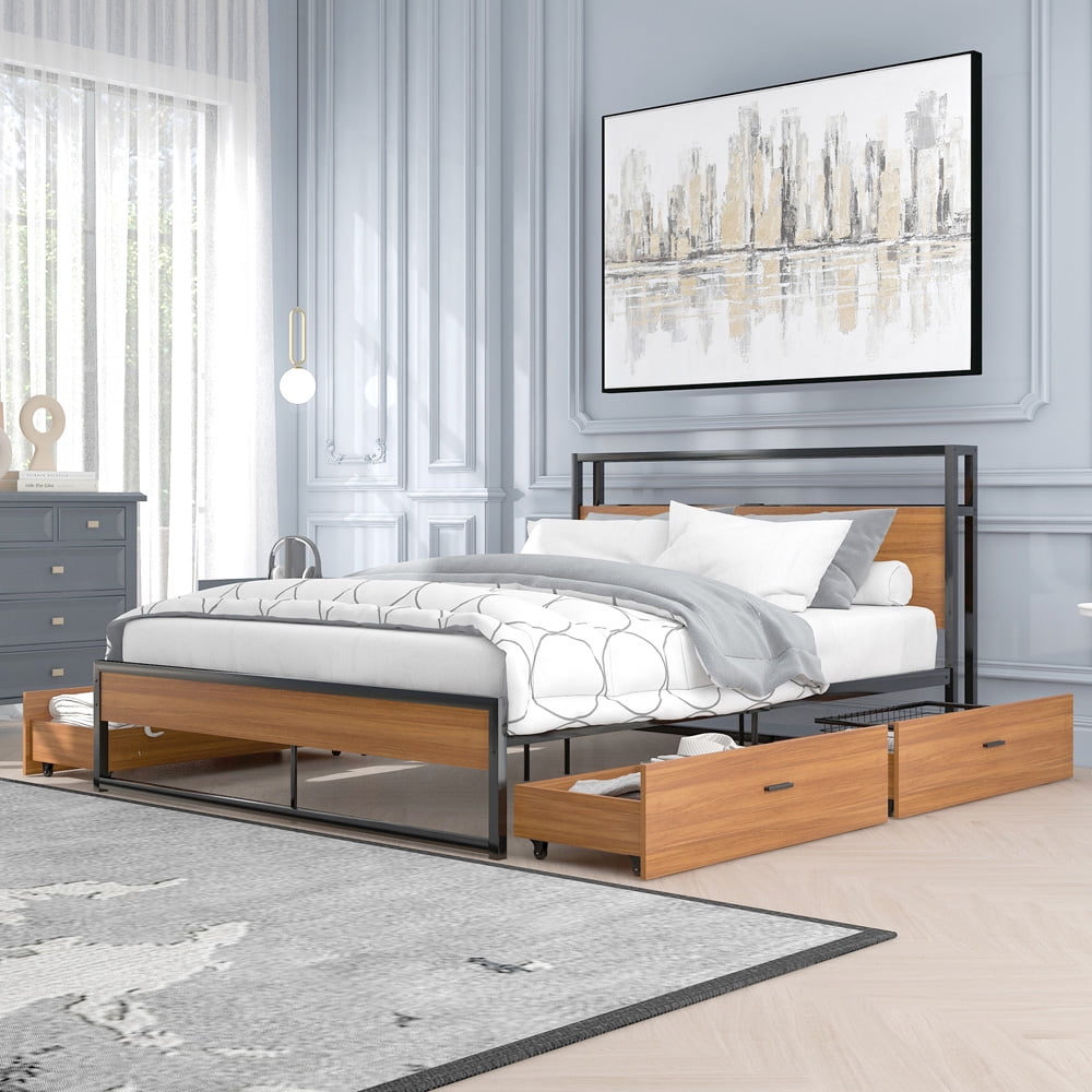 Sesslife Platform Bed Full Size, Metal Bed Frame with 4 Drawers for Bedroom, Modern Industrial Black Bed Frame with Sockets and USB Ports, Storage Full Bed No Box Spring Needed, 440 LBS