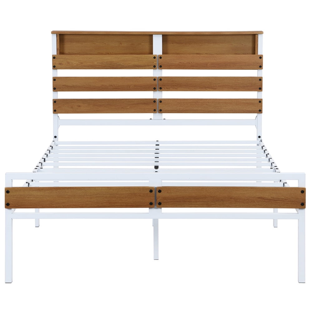 Bed Frame with Wooden Storage Headboard, SESSLIFE Metal Full Size Platform Bed with No Box Spring Needed, Full Bed Frame w/Slats Support and Mattress Foundation for Teens Bedroom, White, X995