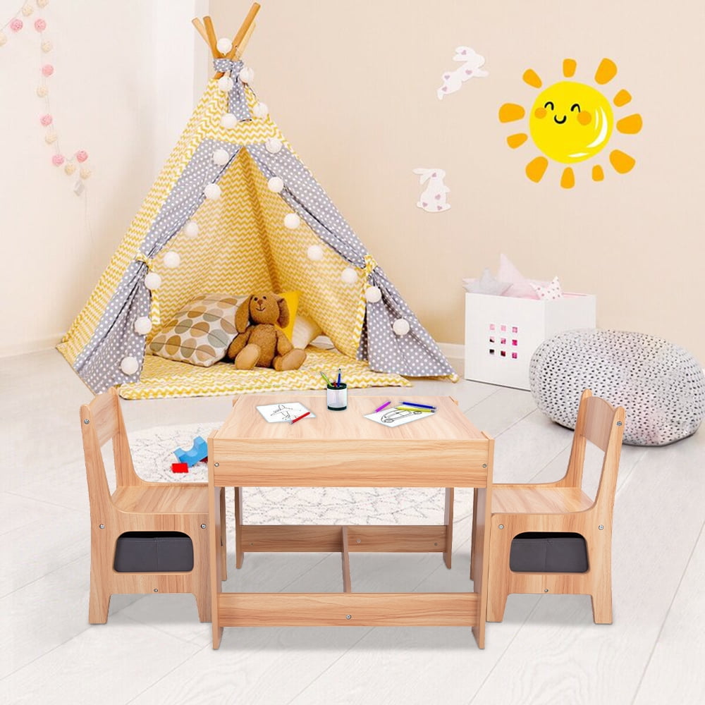 SESSLIFE Natural Wood Kids Table and Chairs Set, Double-Sided Table and Chair Set with Storage Boxes & Blackboard, 3 in 1 Wood Child Activity Table Set, Natural Wood, X675