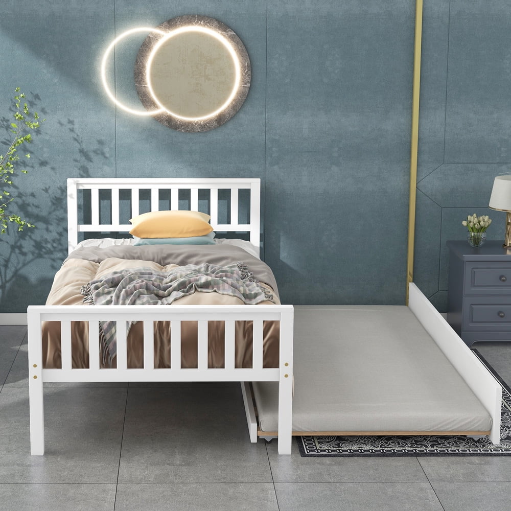 Sesslife Twin Bed with Trundle, Wood Platform Bed Frame with Headboard and Footboard, Modern Trundle Bed for Bedroom Living Space, Twin Size Bed No Box Spring Needed, White