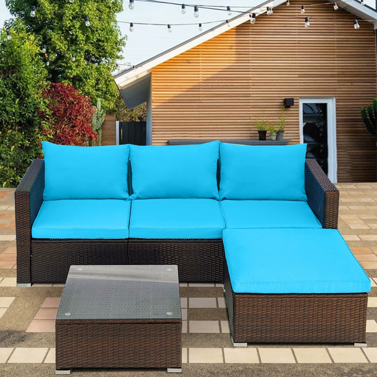 Sesslife 5 Piece Outdoor Furniture Set, Patio Sectional Sofa Set with Coffee Table, Ottoman, Rattan Patio Furniture Set for 3-4, Garden Conversation Set with Blue Cushions, Steel Frame, Brown Wicker