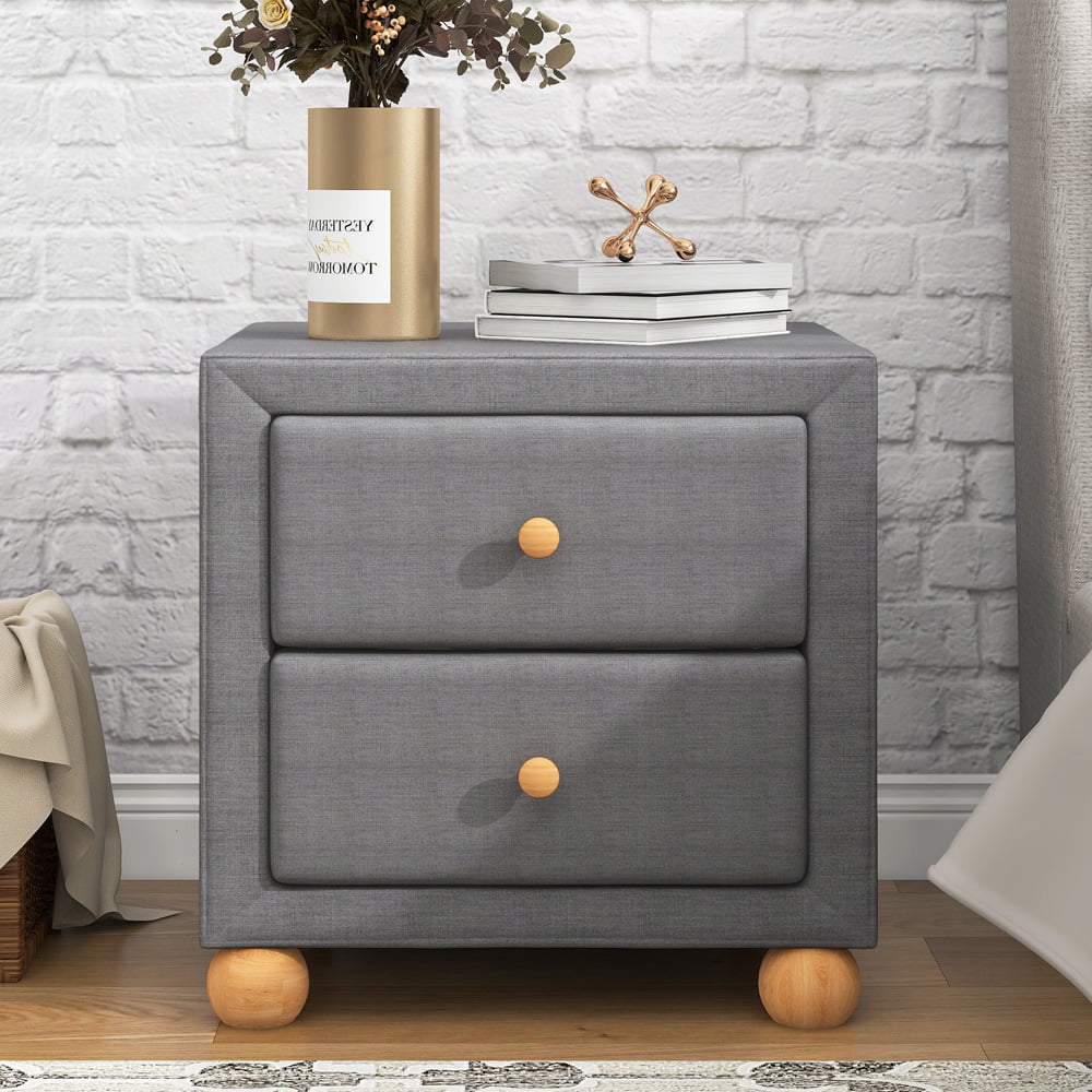 Modern Upholstered Nightstand, Sesslife Storage Bedside Table with 2 Drawers, Natural Wood Knobs, Sturdy Round Legs, 18.1"W Nightstand for Bedroom Living Room, Dark Gray
