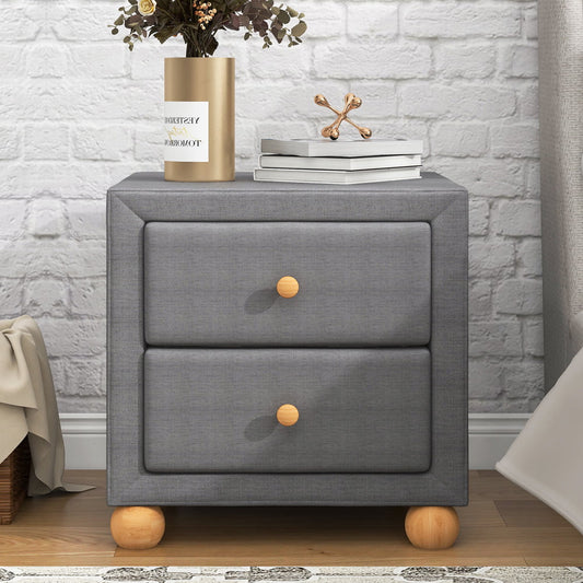 Modern Upholstered Nightstand, Sesslife Storage Bedside Table with 2 Drawers, Natural Wood Knobs, Sturdy Round Legs, 18.1"W Nightstand for Bedroom Living Room, Dark Gray