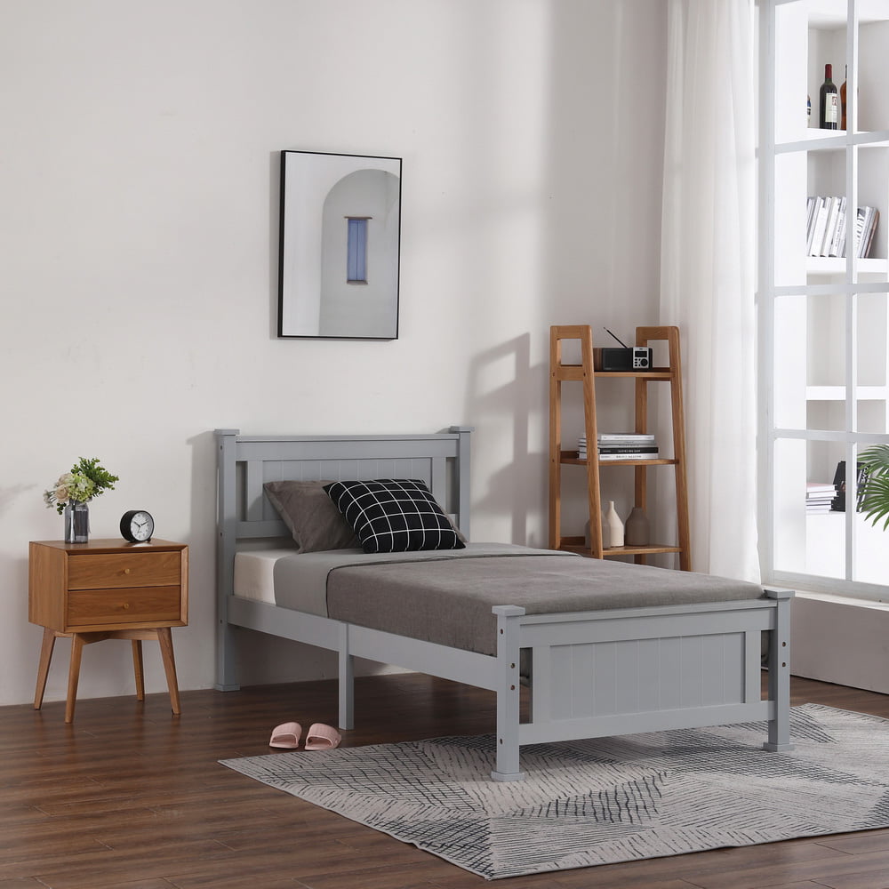 Modern Solid Wood Twin Bed, Sesslife Platform Bed with Headboard and Footboard, Twin Size Bed Frame for Kids, No Box Spring Needed, Gray