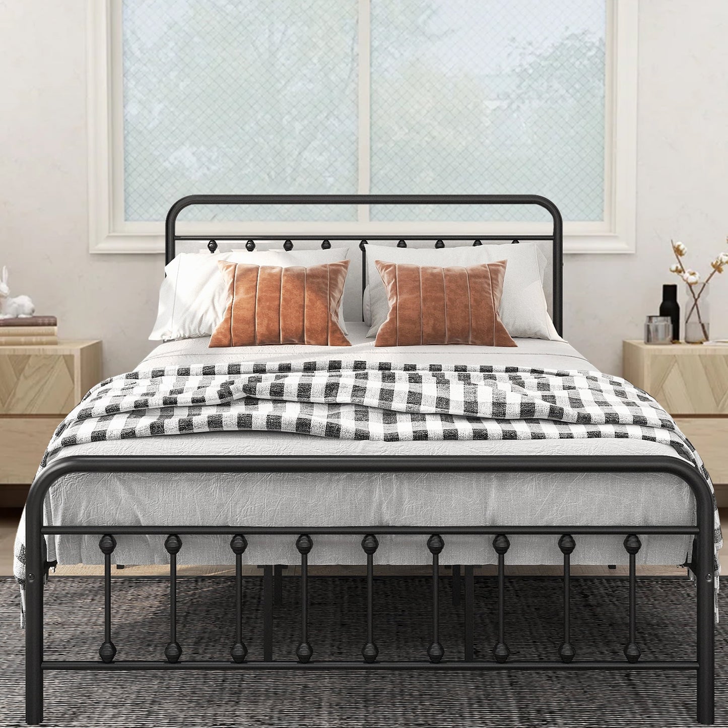 SESSLIFE Queen Platform Bed Frame for Adults Teens, Metal Queen Size Bed Frame No Box Spring Needed, Bed Frame with Headboard and Footboard, Mattress Foundation, Steel Slats Support, Black, X655