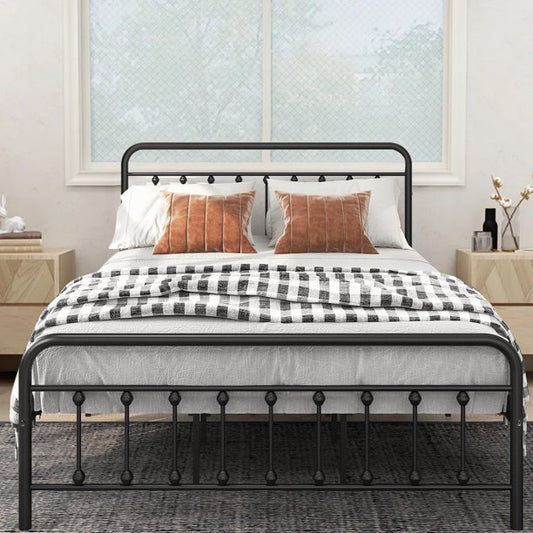 SESSLIFE Queen Size Platform Bed, Metal Bed Frame with Headboard and Footboard, Queen Platform Bed Frame for Adults Teens, Vintage Industrial Queen Size Bed Frame, No Box Spring Needed, Black, X651