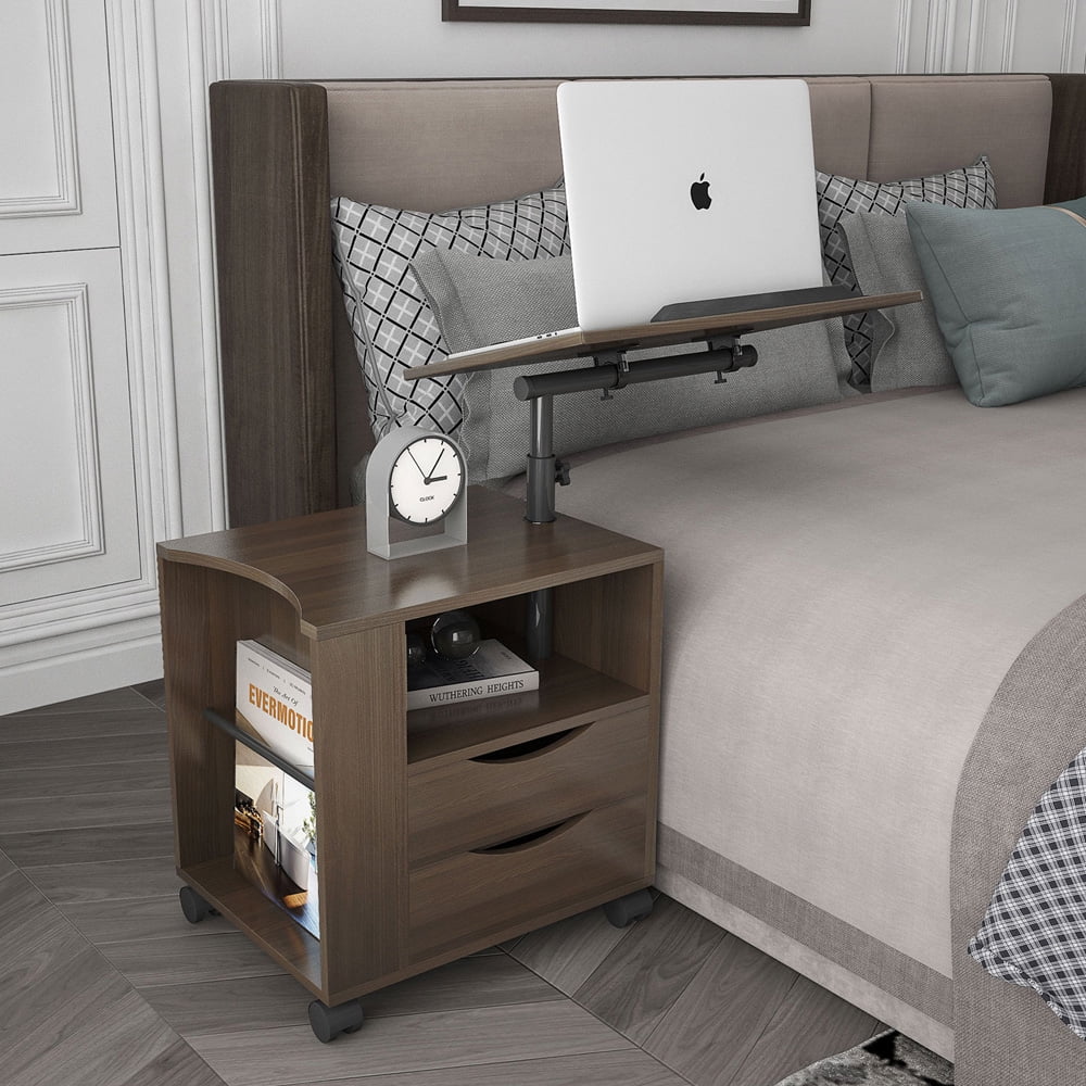 SESSLIFE Nightstand with Wheel and Lift, Black Walnut Bedside Table with Height Adjustable & Swivel Tilt Top, Wooden End Table with 2 Drawer & Shelf, Side Table for Bedroom Living Room Office, X2428