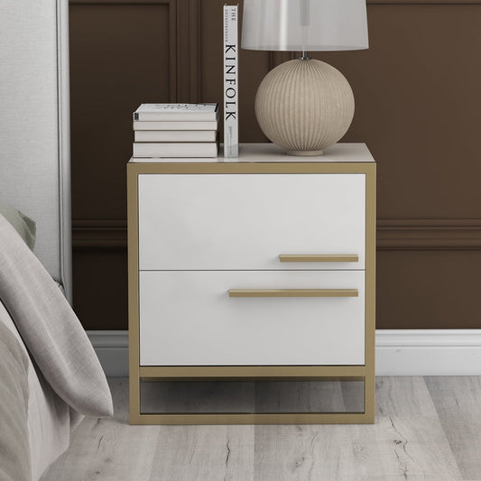 Sesslife Nightstand with 2 Drawers, Storage Bedside Table with Golden Handle and Metal Frame, Modern and Retro Style Bedroom Furniture, Living Room End Side Table, White
