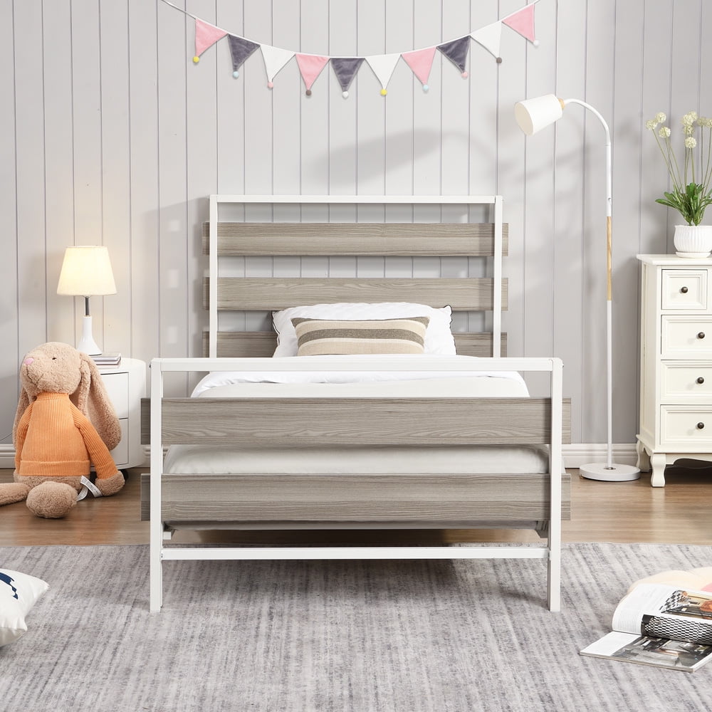 SESSLIFE Platform Bed Frames, Metal Twin Beds with Wooden Headboard and Footboard, No Box Spring Needed, Industrial Bed Frame with 15 Steel Slats for Kids Teens Adults, White, X2818