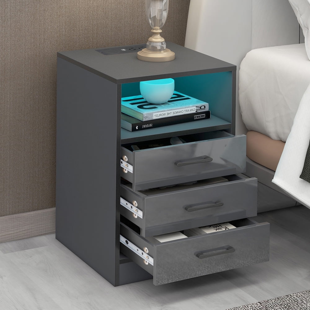 Sesslife Modern Nightstand with LED Light, USB Charging Ports and Outlets, Wireless Charging, Wood Bedside Table with Storage Drawers and Shelf for Bedroom Living Room, Dark Gray