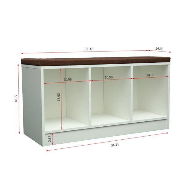 SESSLIFE Storage Bench with Cushioned Seating, 2 Tier Wood Entryway Bench with 3 Cubbies, Shoe Rack Bench for Entryway Bedroom Living Room, White, X931