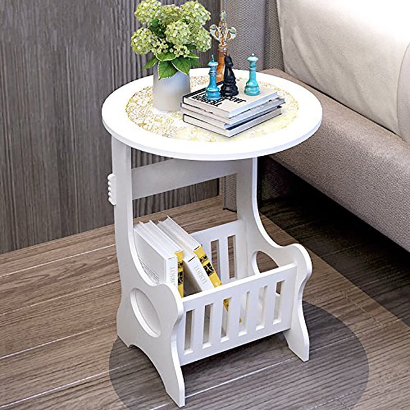 SESSLIFE Modern/Contemporary End Tables, 2 Tier Round Wooden Sofa Side Table with Magazine Rack, White Nightstand Sofa Table Tea Table with Storage for Living Room Bedroom