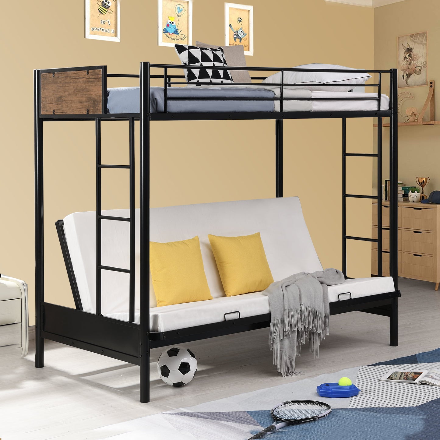 SESSLIFE Metal Twin Over Futon Bunk Bed, Twin Over Full Bunk Bed with Guardrails and Ladder, Metal Futon Bunk Bed Frame No Box Spring Needed, Space Saving Kids Furniture for Bedroom Dorm, Black, X2046