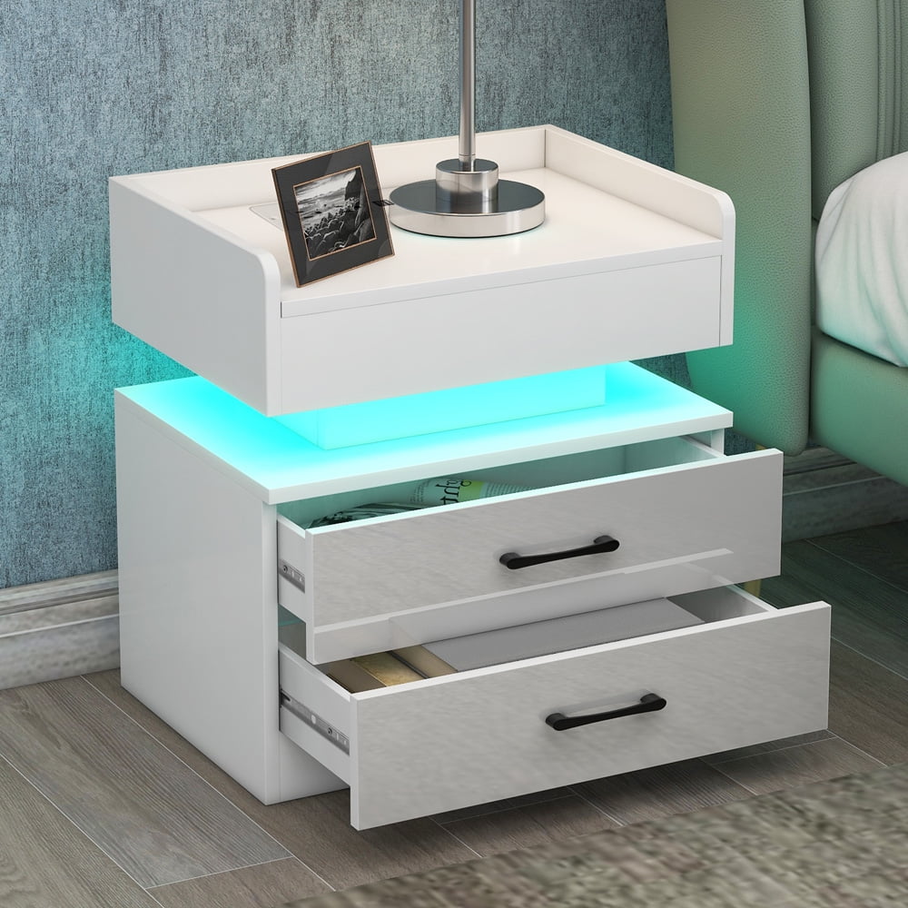 Sesslife Modern Nightstand with LED Light, USB Charging Ports and Outlets, Wood Bedside Table with Storage Drawers for Bedroom Living Room, White