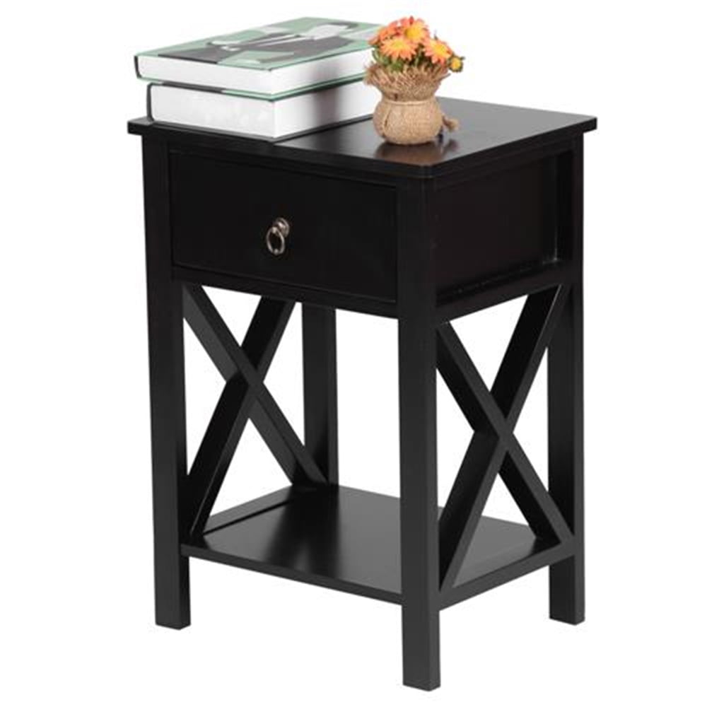 Sesslife Nightstand for Bedroom, Wooden Bedside Table with Storage Drawer and Shelf, Black Night Stand Living Room End Side Table, Modern Sofa Table Bedroom Furniture Set