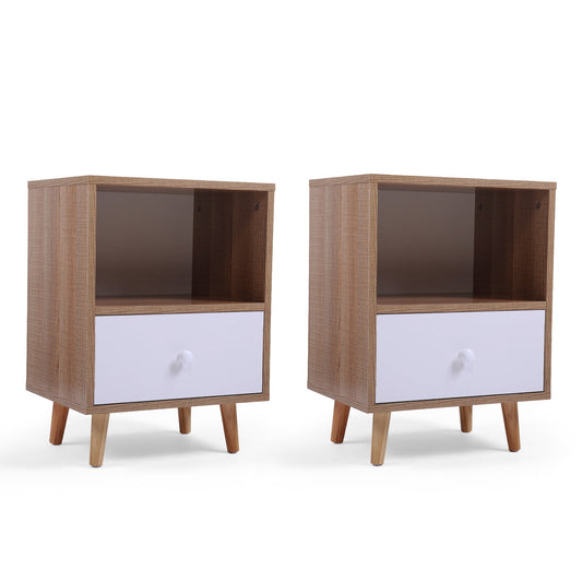 SESSLIFE Nightstand Set of 2, Bedside Tables with Drawer and Open Shelf, Wood Night Stand for Bedroom / End Table for Living Room, Log Color & White, X329