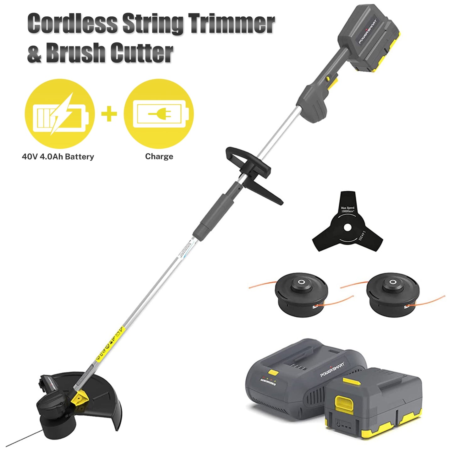 Sesslife 2 In 1 Cordless 40V 4.0Ah Battery Powered String Trimmer & Brush Cutter, 5000-7000RPM No-load Speeds Grass Edger with 13" Cutting Dia, 0.065" Trimmer Line Dia, Charge, Black+Grey