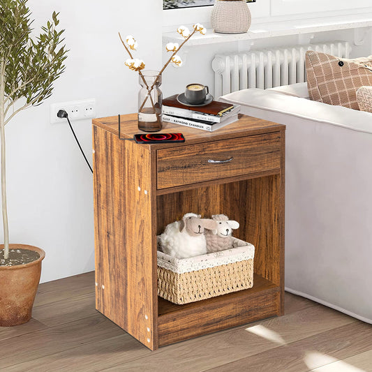 Sesslife Nightstand Bedside Table with 1 Drawer and Open Compartment, Wood Frame Rustic End Table for Bedroom Living Room, 15.74"L x 11.81"W x 23.62"H, Vintage Color