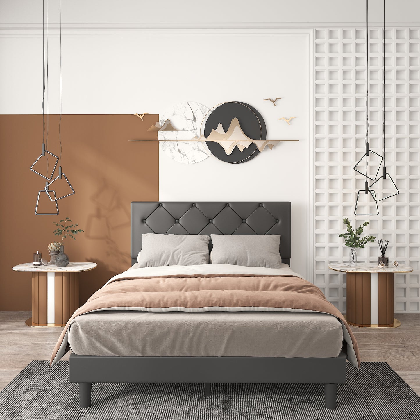 Sesslife Black Platform Bed Frame, Queen Bed Frame with Velvet Upholstered Headboard, Queen Floor Bed Frame, Mattress Foundation, No Box Spring Needed, Easy Assembly
