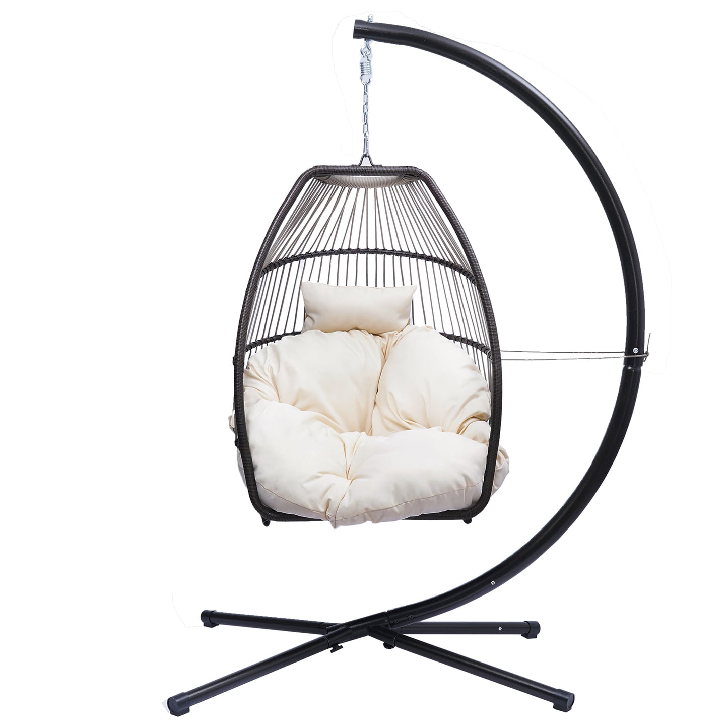 Folding Swing Chair, Sesslife Patio Wicker Furniture Egg Chair with Stand, Cushion and Pillow, Steel Frame Hanging Chair for Bedroom Patio Balcony, 250-pound Weight Capacity, White, X3295