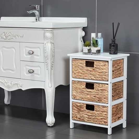 White Nightstand with 3 Basket Drawers, Sesslife Wood Bedside Tables for Hallway, Accent End Tables Bedroom, Dresser Storage Tower with Wood Top, Organizer Unit for Closets, Brown, X2987