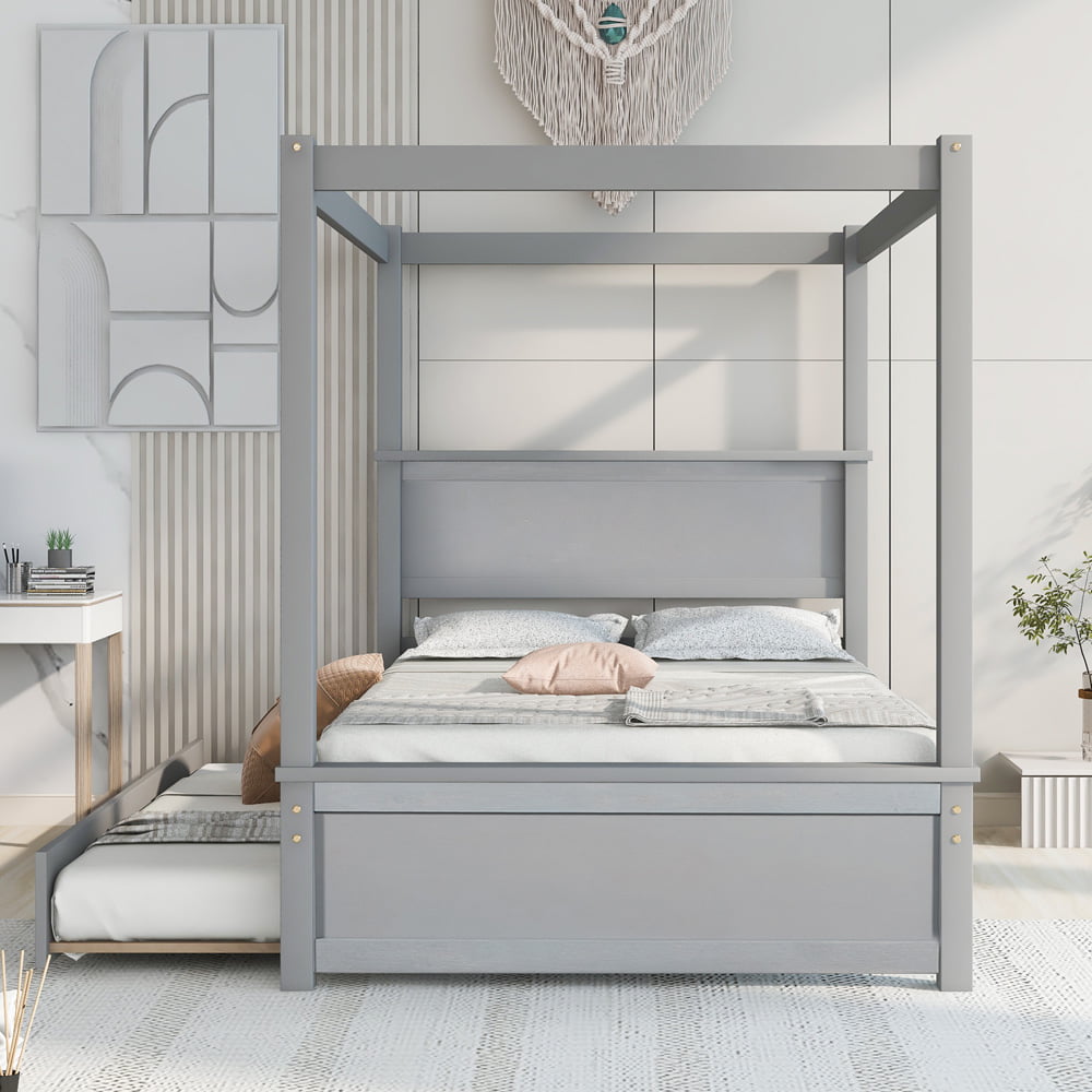 Sesslife Wood Canopy Bed with Trundle Bed, Full Size Canopy Platform bed With Support Slats, No Box Spring Needed, Modern Style Canopy Platform Bed with Headboard and Footboard, Brushed Gray