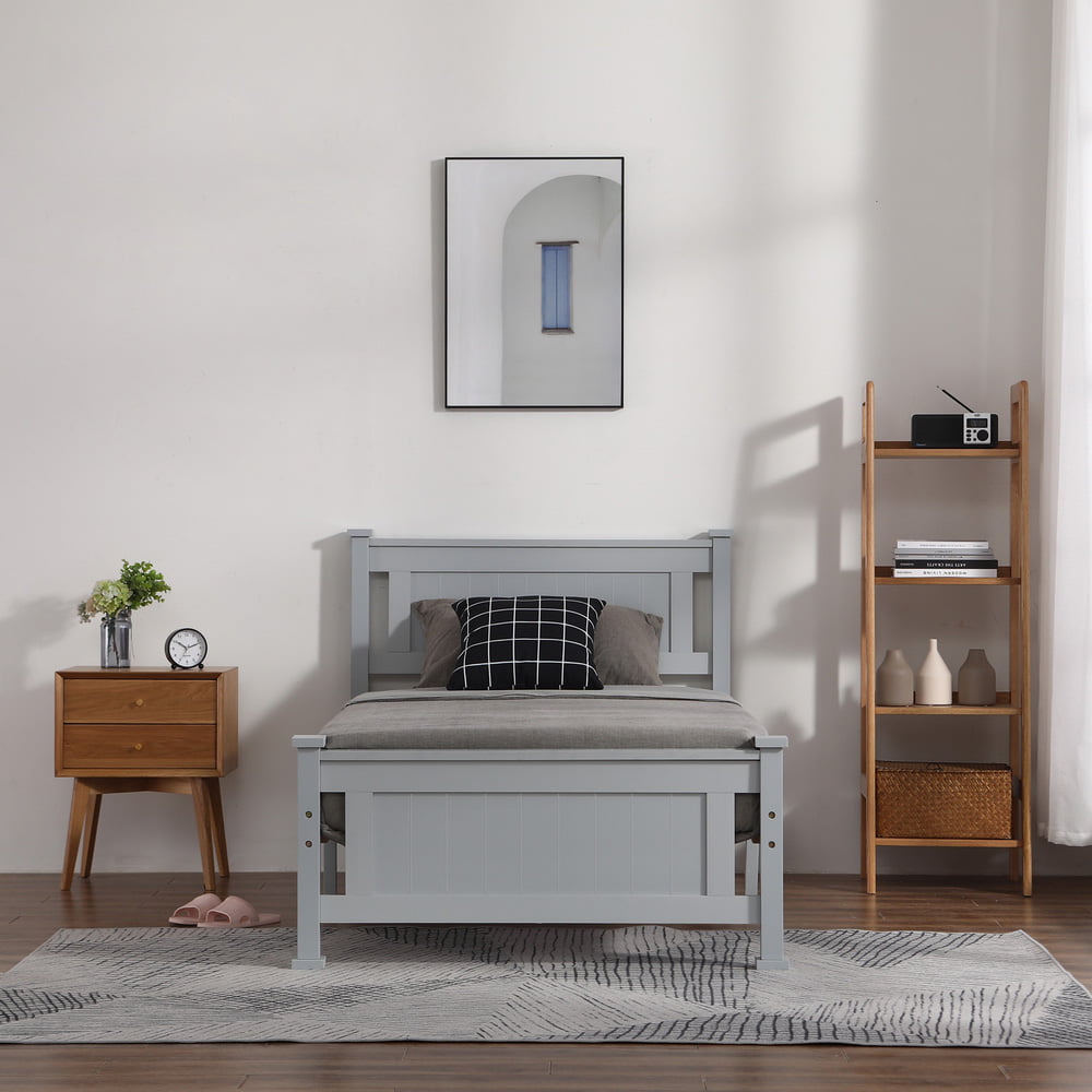 Sesslife Modern Solid Wood Twin Bed, Platform Bed with Headboard and Footboard, Twin Size Bed Frame for Kids, No Box Spring Needed, Gray