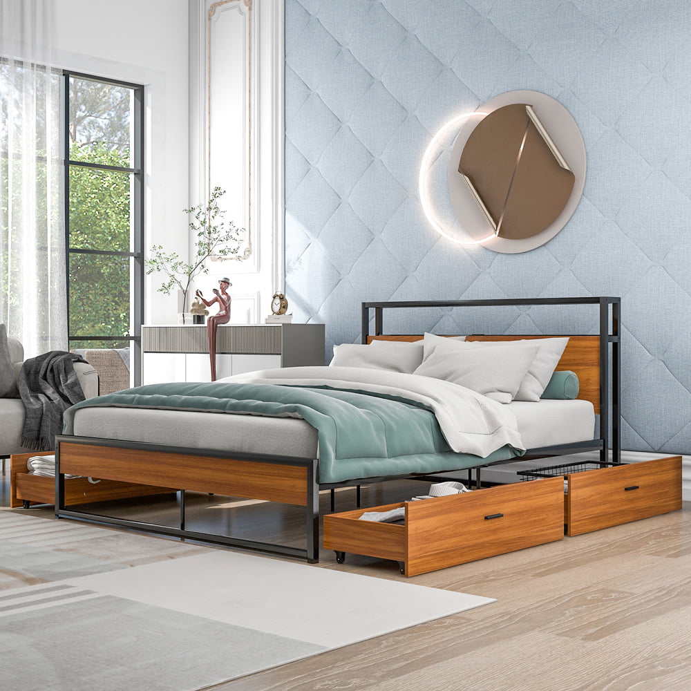 Sesslife Platform Bed Queen Size, Metal Bed Frame with 4 Drawers for Bedroom, Modern Industrial Black Bed Frame with Sockets and USB Ports, Storage Queen Bed No Box Spring Needed, 770 LBS