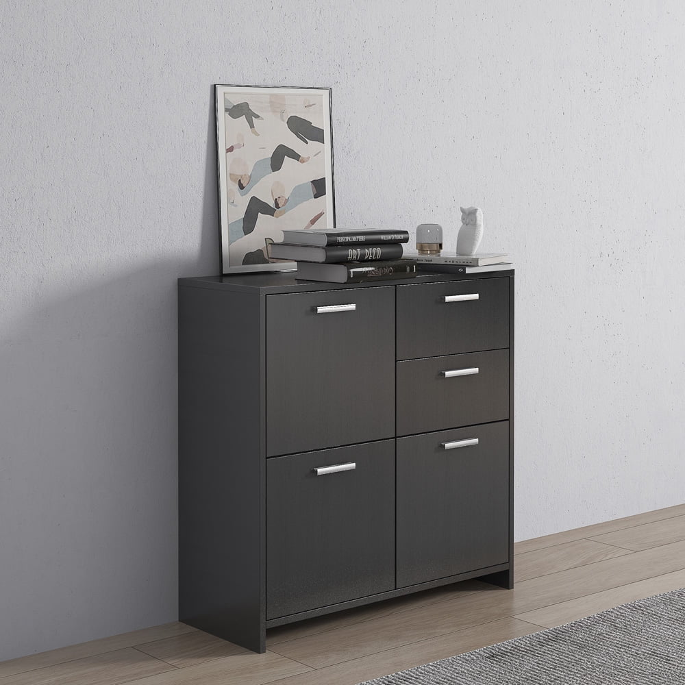 SESSLIFE Office Storage Cabinet, Wood Floor Storage Cabinet with 2 Drawers and 3 Side Cabinets for Living Room Entryway Bathroom, Modern Cabinet Standing Organizer with Doors, Black, X2743