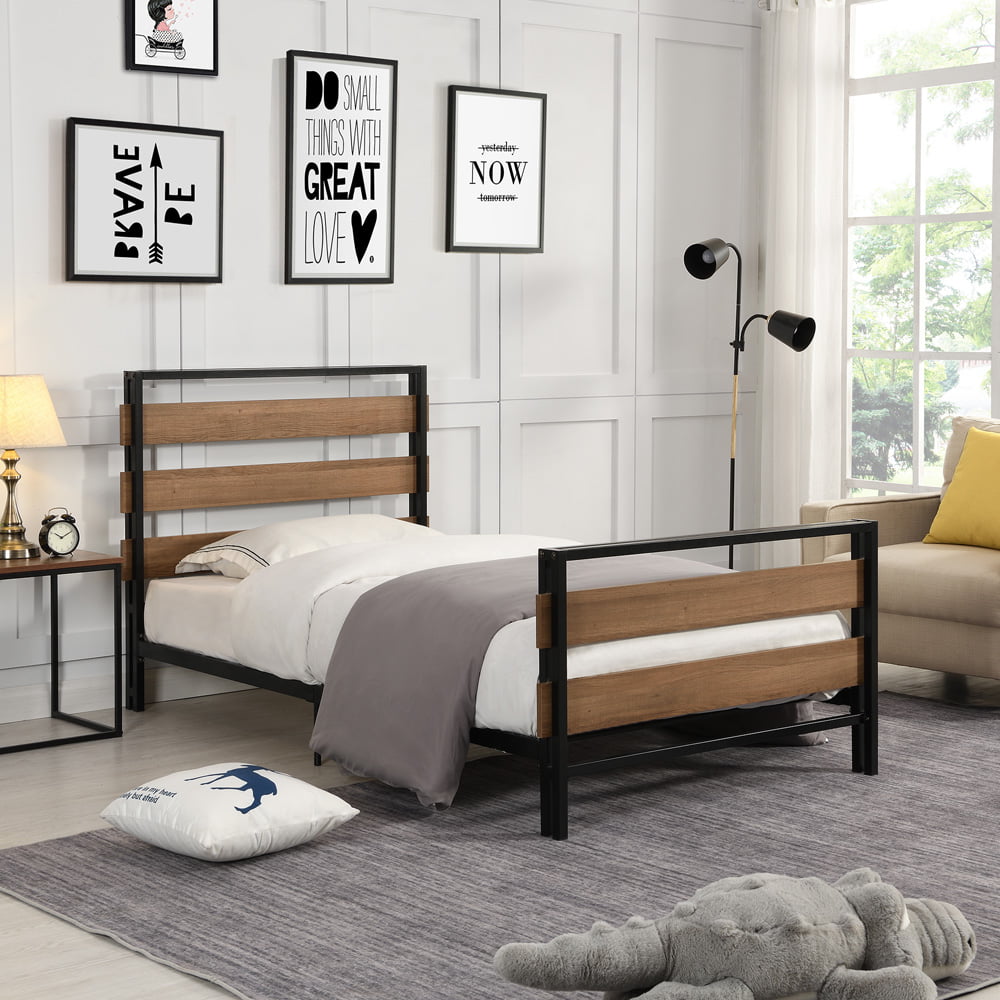 SESSLIFE Metal Bed Frame with Wooden Headboard/Footboard, Twin Bed Frame with 15 Slats Support, Platform Bed Frame No Box Spring Needed for Kids Teens Bedroom Dorm, 300 LBS Capacity, Black, X2815