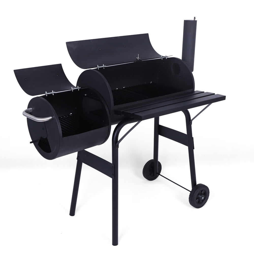 SESSLIFE Oil Drum Charcoal Grills, Outdoor bbq Grill with Offset Smoker, Wheels, Vents, Temperature Gauge, Black, X905