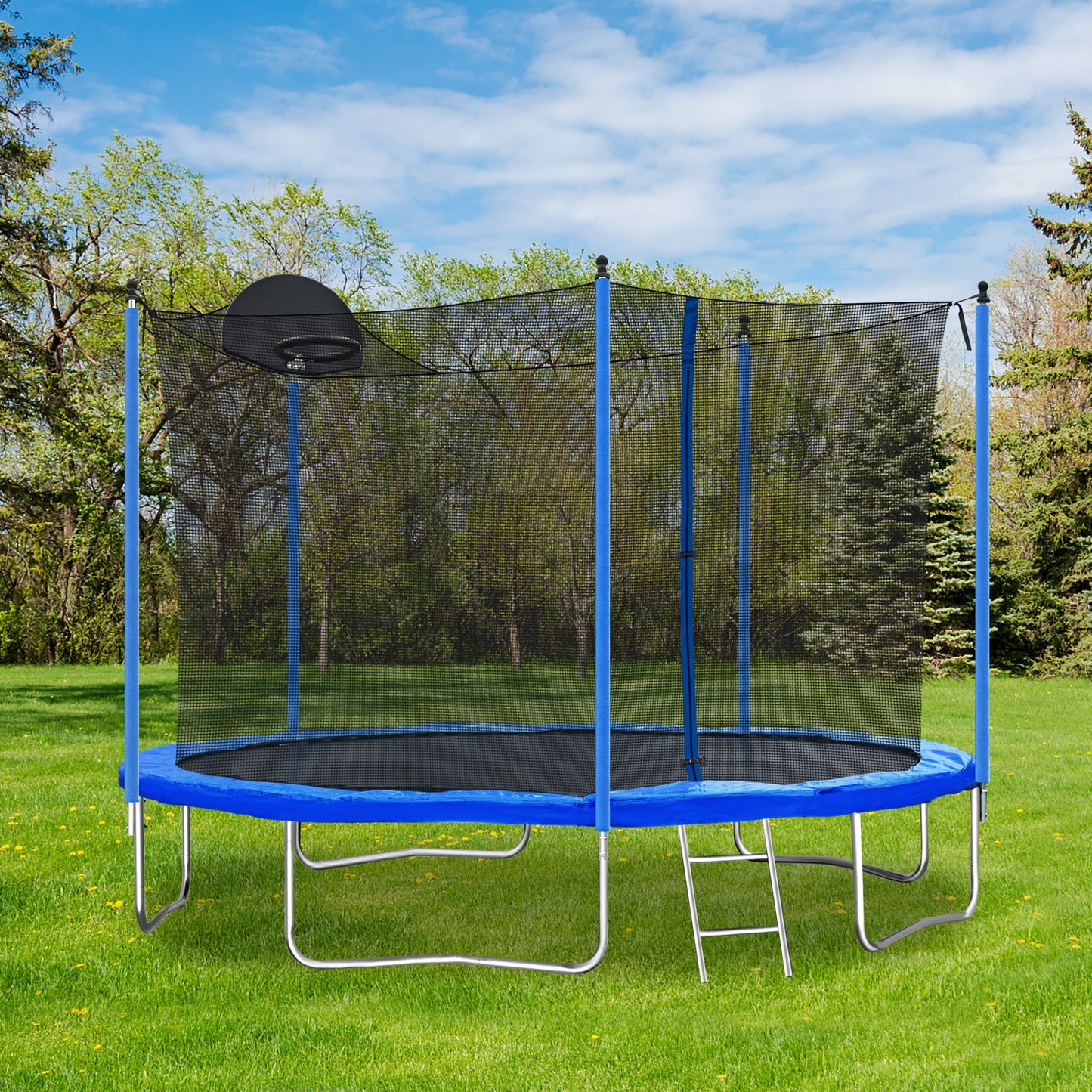 14FT Trampoline with Enclosure, Upgraded Kids Trampoline with Basketball Hoop and Non-slip Ladder, Backyard Patio Family Outdoor Recreational Trampoline