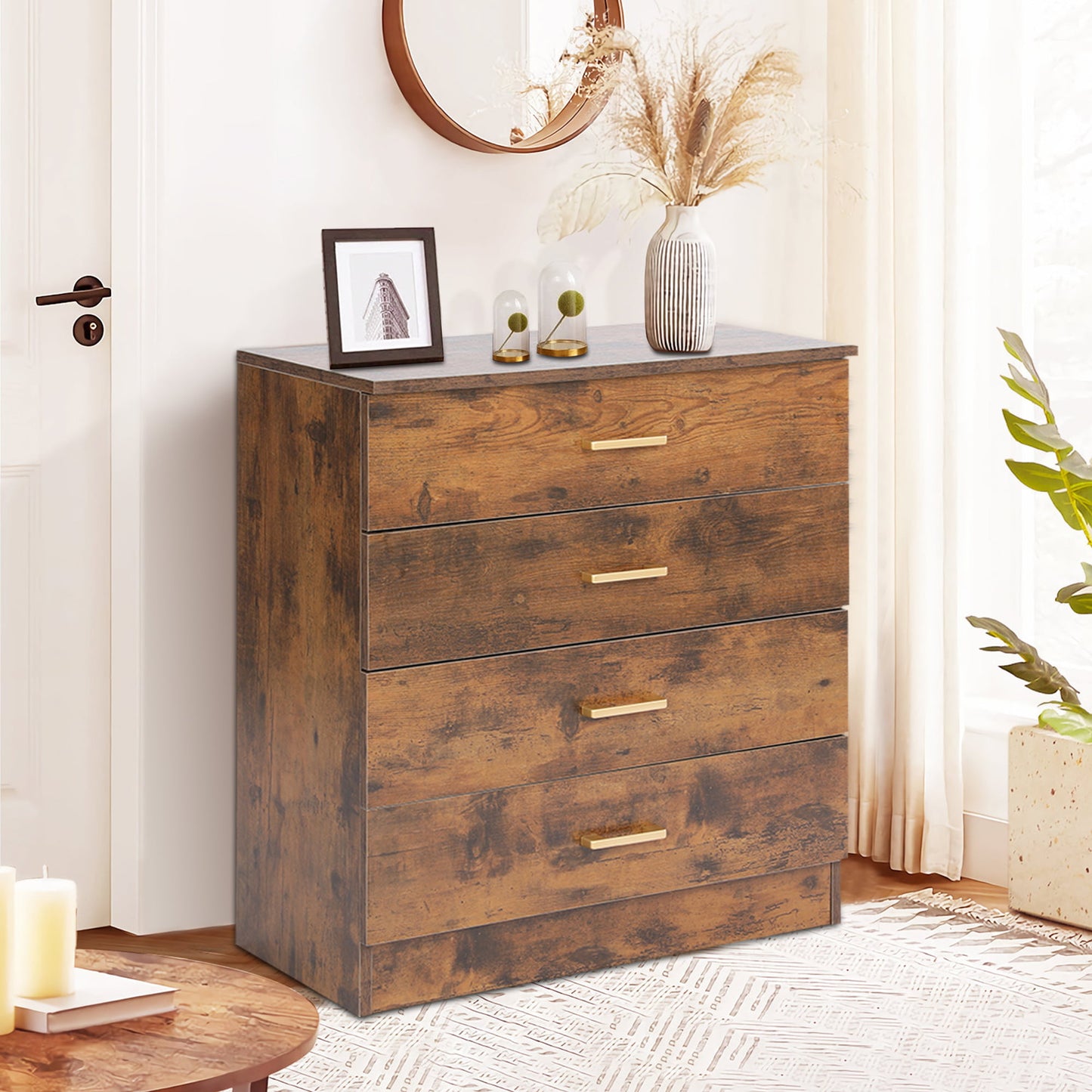 Dresser for Bedroom, Wood 4 Drawer Dresser Storage Drawer, White Living Room Hallway Closets Drawer Chest, DT43