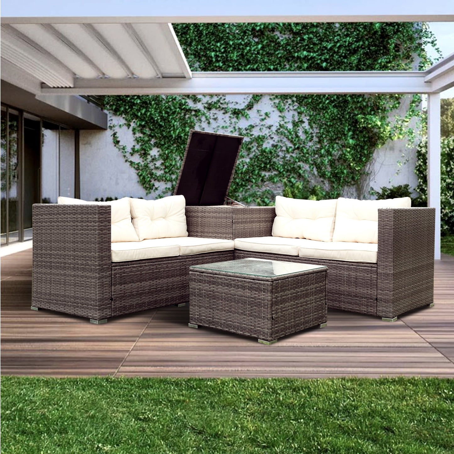 4 Piece Wicker Patio Sofa Set, PE Rattan Outdoor Sectional Sofa Set with Loveseat, Coffee Table and Storage Box, Outdoor Furniture Patio Conversation Sets for Garden Deck Porch Backyard