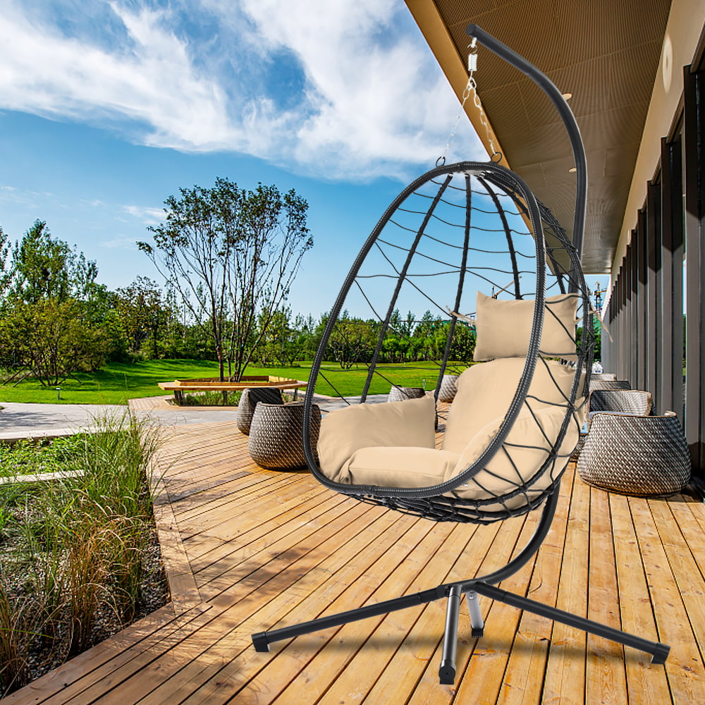 Indoor Outdoor Egg Chair, Patio Wicker Swing Egg Chair with Stand, Hanging Egg Chair with Soft Cushion and Pillow for Bedroom Living Room Balcony