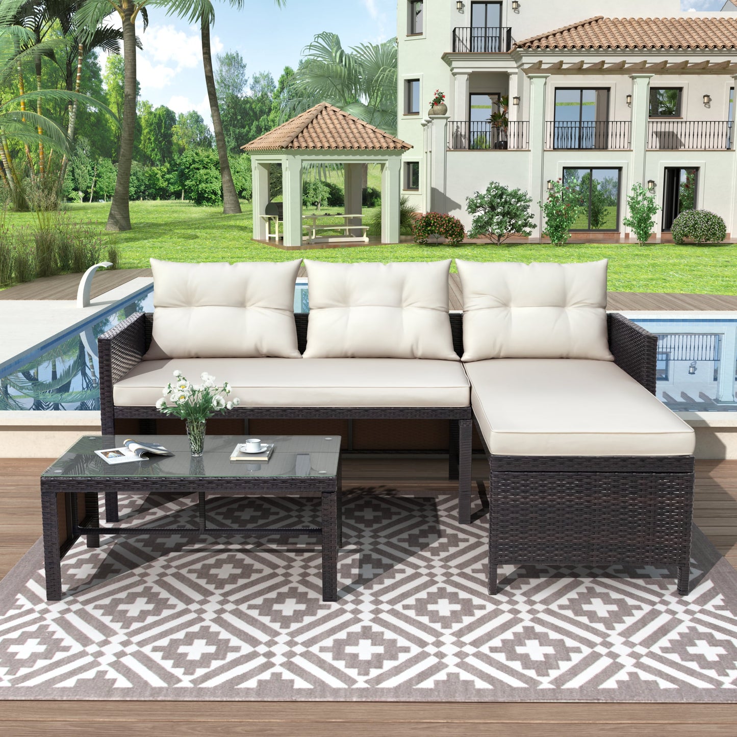 3 PCS Patio Sectional Sofa Conversation Set, All Weather Rattan Patio Furniture Set, Brown Outdoor Chaise Lounge Set with Cushion and Table, Deck Backyard Porch Furniture