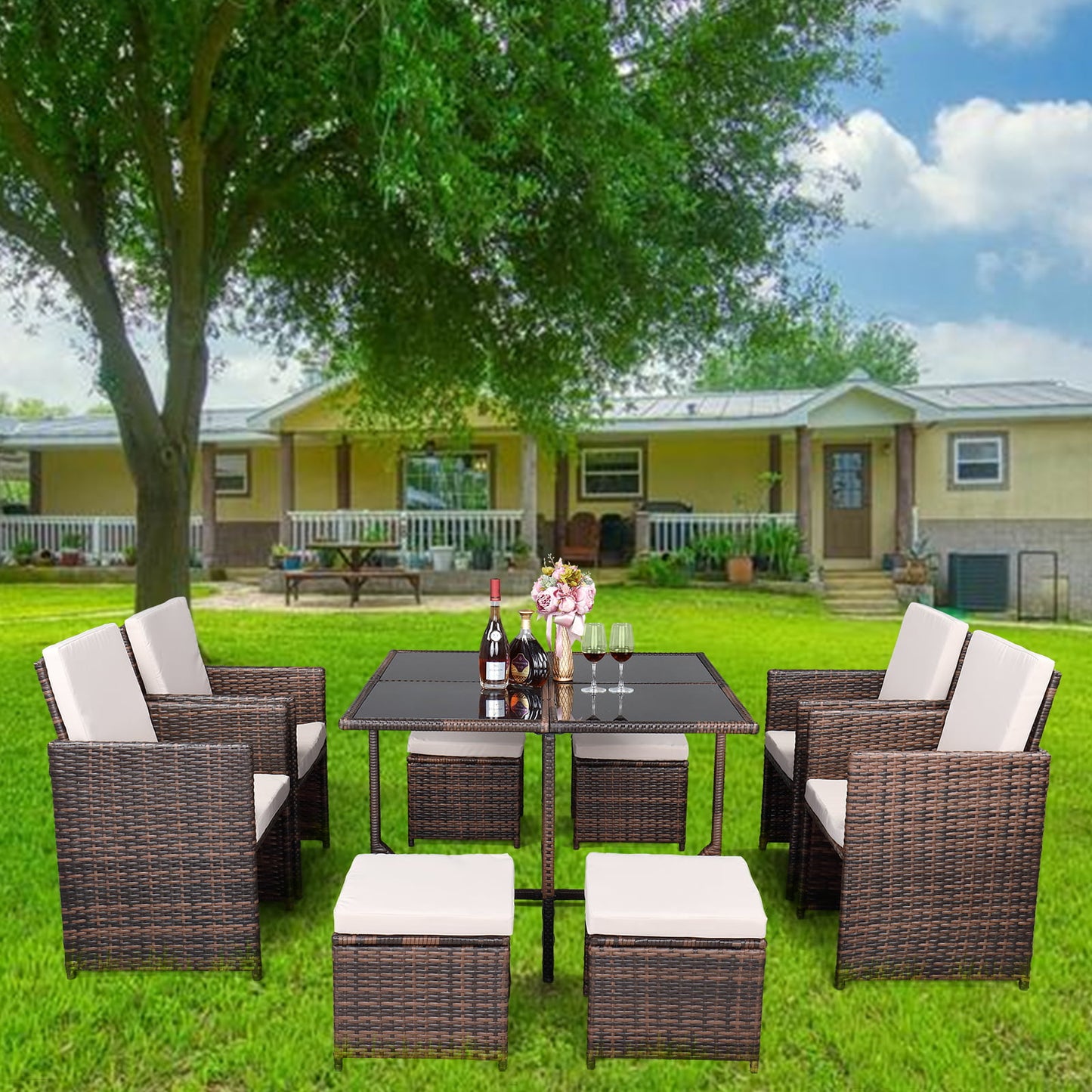 Patio Furniture Dining Sets, Outdoor Sectional Sofa Set, PE Wicker Table with Chairs and Washable Cushions